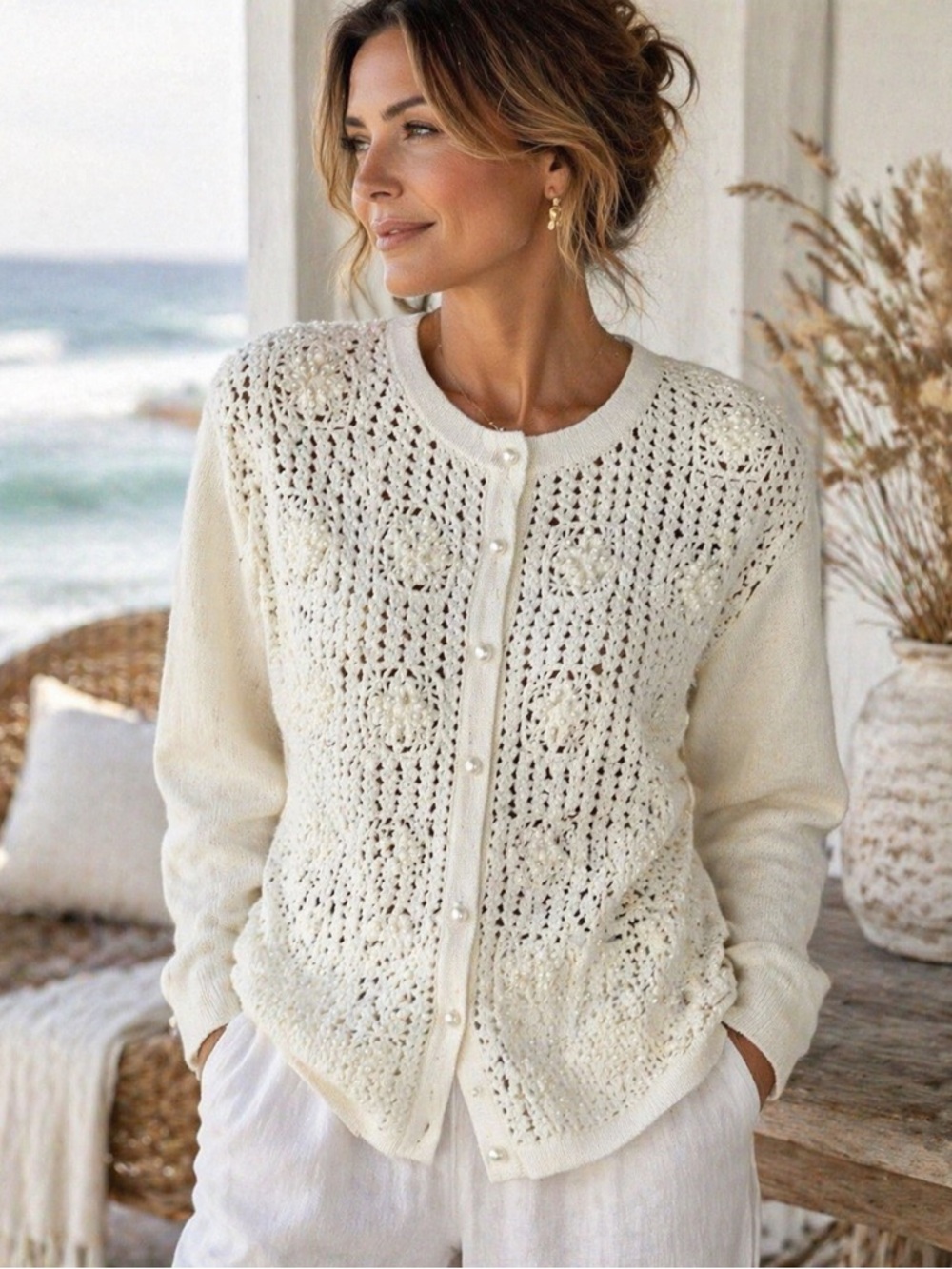Vtg Robert Scott L Cardigan Sweater Ivory Crochet Beaded Pearls Cottagecore Cozy